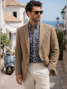 Brooks Brothers Regent Fit Herringbone Blazer 42R Italian Wool Sport Coat Tan